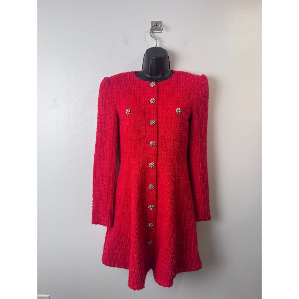 Alice + Olivia Women Shiloh Red Tweed Crystal Button Fit Flare Mini Dress 0